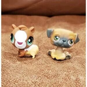 2 Littlest Pet Shop 2004 Brown Pug Gray Muzzle Green-eyed Hamster Tan Bottom